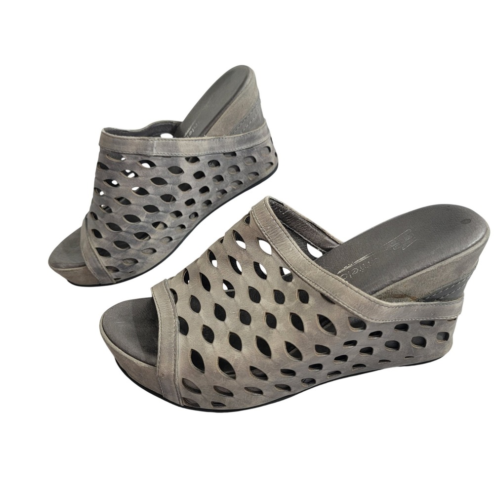 Antelope Gray Leather Laser Cut Out Wedge Slide Sandals Women EU 37 US 6.5